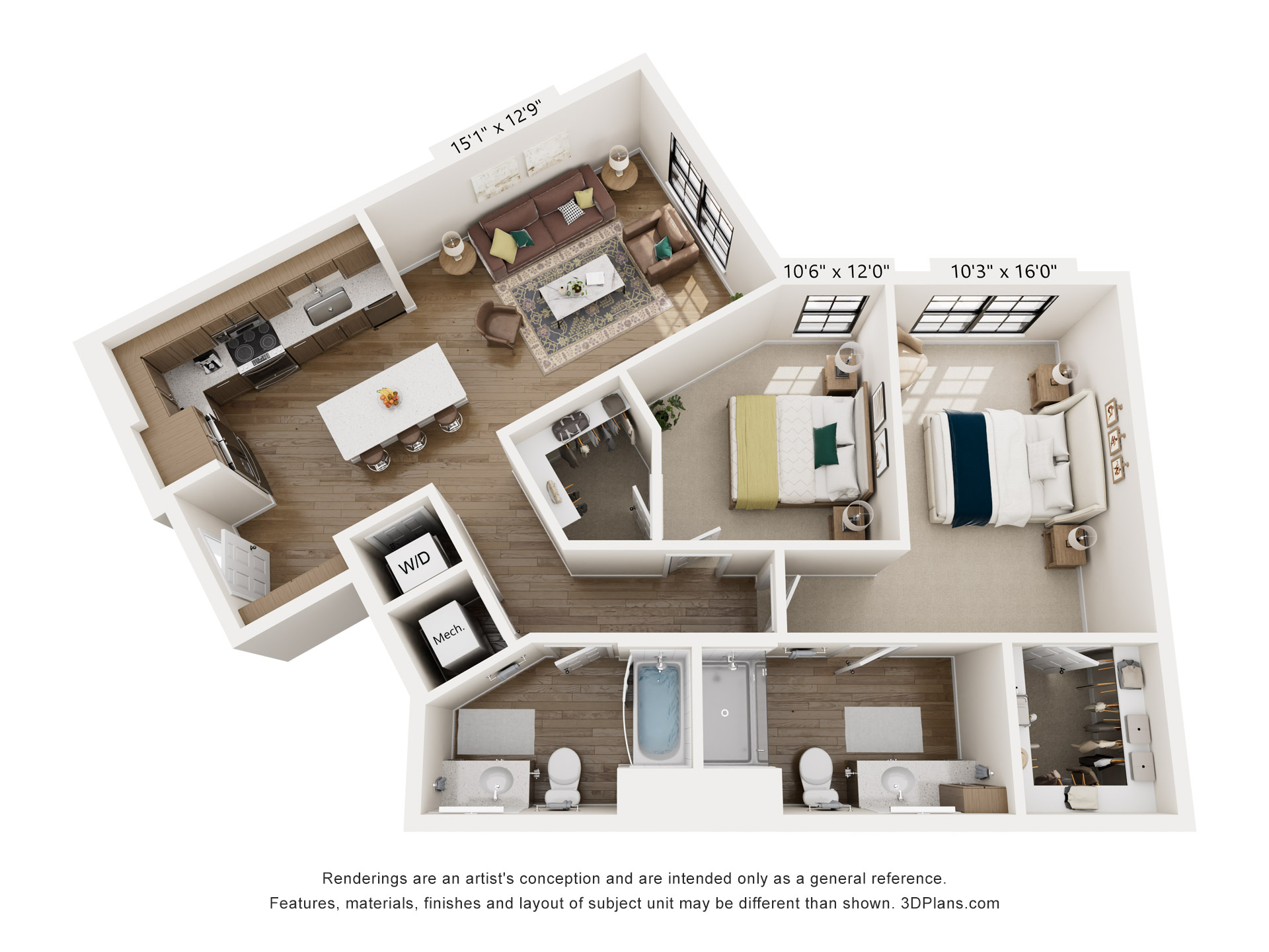 Floor plan for 2 beds, 2 baths, 1191 sqft